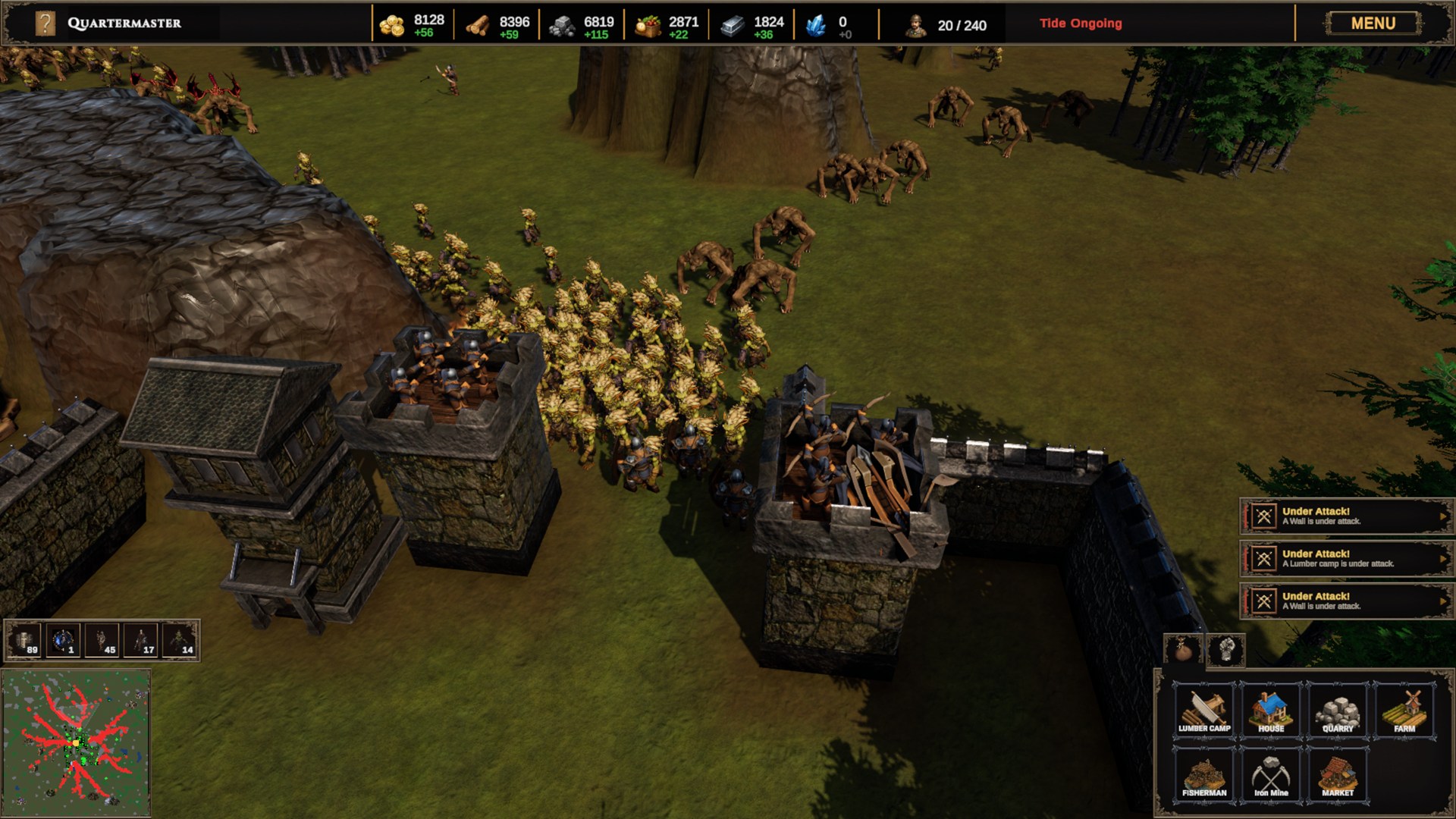 Monsters funneling through a breach between two garrisoned towers